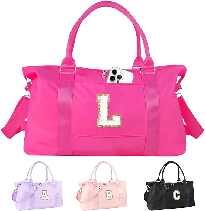 Dance Gym Duffel Bag for Teen Girls, Personalized Initial Travel Weekender Bag,Cute Overnight Carry On Duffle for Women,Sports Travel Cheer Bag,Monogram Christmas Gifts for Tween Preppy(rosered-L)