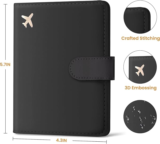 Passport Holder for Travel Essentials, RFID Blocking Leather Cover Wallet with Magnetic Closure, Aesthetic & Cute Passport Book Case for Women and Men - Black
