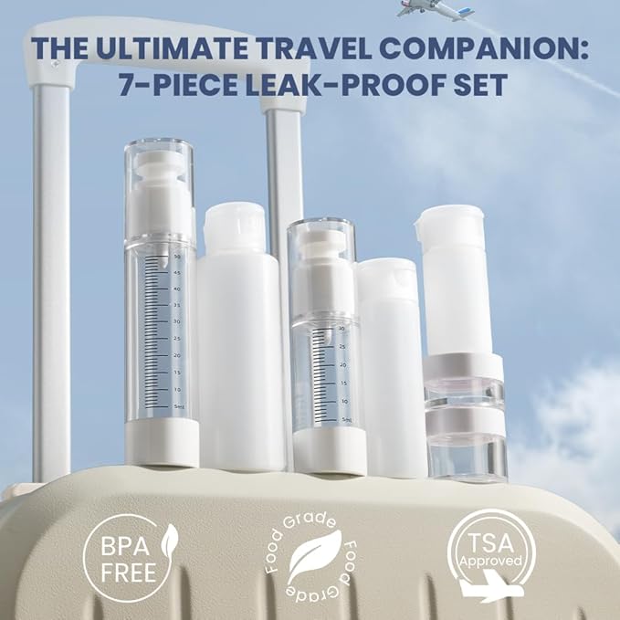 Travel Bottles Kits 7 Pcs , TSA Approved Leak Proof Toiletry Container Set, Graduated Vaccumn atomizer and Lotion Bottle, Squeeze Bottle, Transparent Cream Jar, for Shampoo Lotion Cream Cosmetic