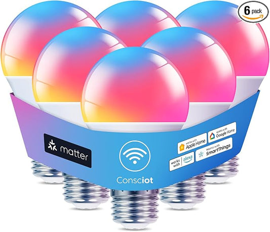 Consciot Smart Light Bulbs, WiFi Bluetooth Color Changing LED Light Bulb, A19 E26 RGBTW Light Bulbs that Works with Alexa/Google Home/Apple Home/Siri, Music Sync, 60W Equivalent Smart Bulb, 6 Pack