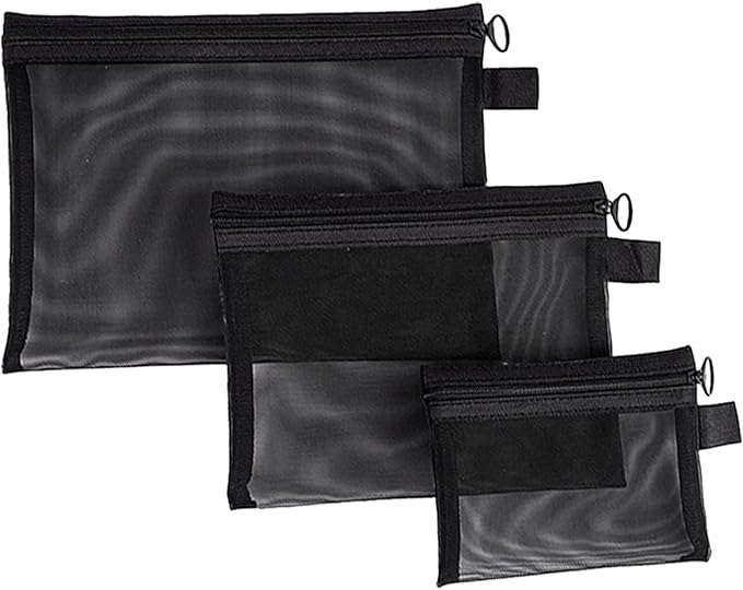 3 Pcs Mesh Zipper Pouch Makeup Bags Set, Portable Mesh Cosmetic Bag Travel Toiletry Storage Bags Pencil Purse Organizer Pouches for Home Office Daily or Traveling Accessories Keep Small Items(Black)