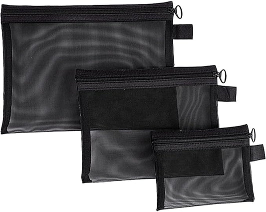 3 Pcs Mesh Zipper Pouch Makeup Bags Set, Portable Mesh Cosmetic Bag Travel Toiletry Storage Bags Pencil Purse Organizer Pouches for Home Office Daily or Traveling Accessories Keep Small Items(Black)