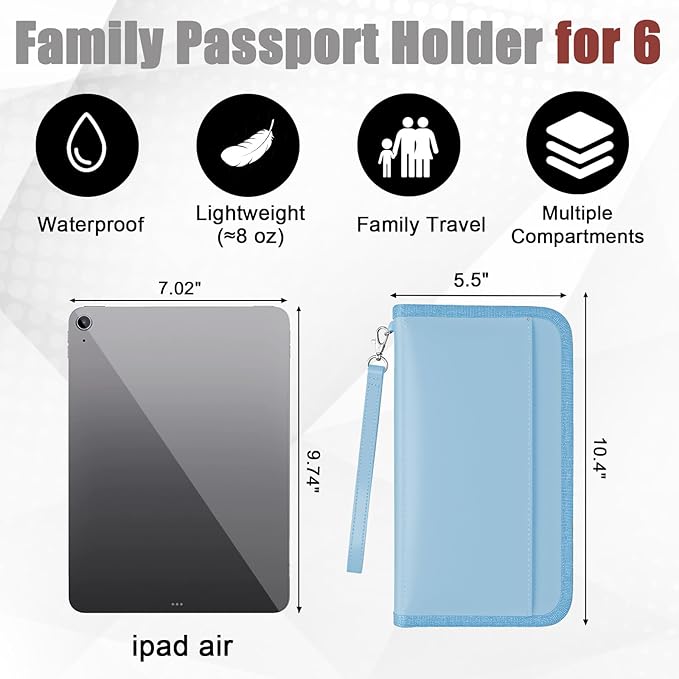 GOAUS Passport Holder with AirTag Slot, PU Leather Travel Document Organizer, Multiple RFID Blocking Wallet for Family of 4 to 6 Blue