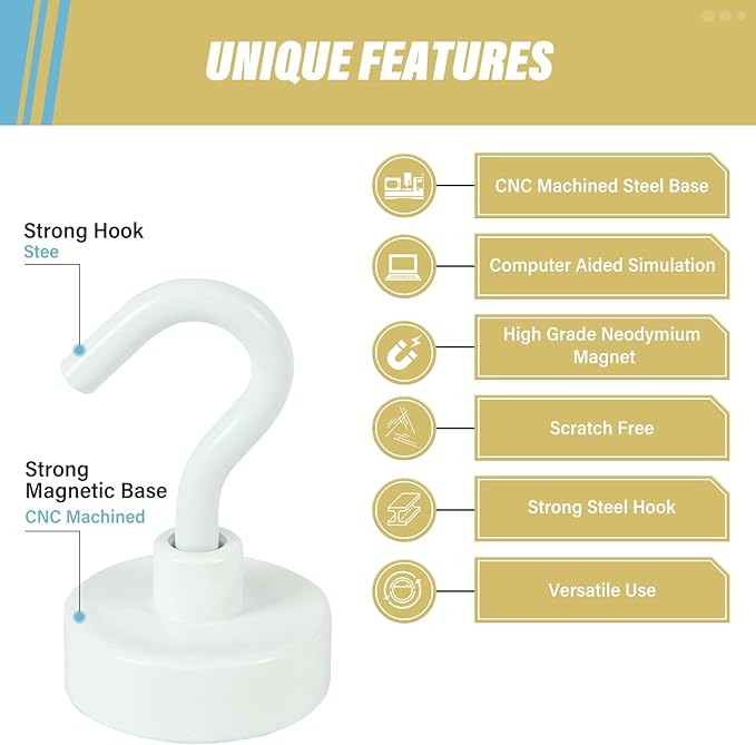 Neosmuk Magnetic Hooks,Heavy Duty Earth Magnets with Hook for Refrigerator, Extra Strong Cruise Hook for Hanging, Magnetic Hanger for Cabins, Grill (White, 6 Pack)