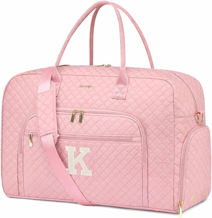 Letter Travel Duffle Bags for Women - Initial Personalized Weekender Bag with Shoe Compartment Carry On Overnight Bag with Toiletry Bag Duffel Bags Hospital Bags Birthday Gifts Pink (Letter K)