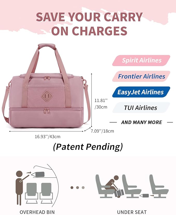 WANDF Travel Duffel Bag with Wet Pocket & Shoe Compartment, 18x14x8 Personal Item Bag with USB Charging Port, Water-Resistant Gym Weekender Overnight Carry-on for Women Men (Pink)