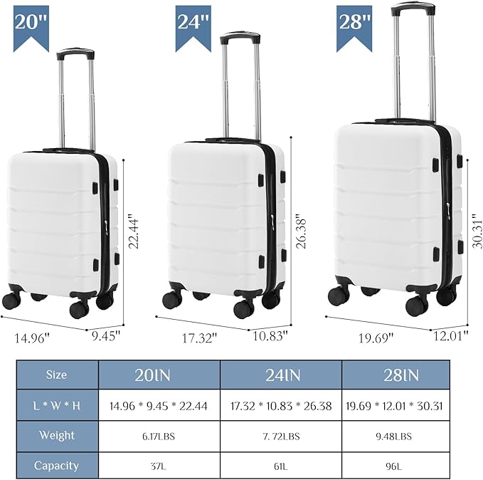 NEWBULIG 24 Inch Carry on Luggage, Lightweight Expandable Rolling Suit Case with TSA Lock, Hard Shell ABS Suitcase with Double Spinner Wheels, White