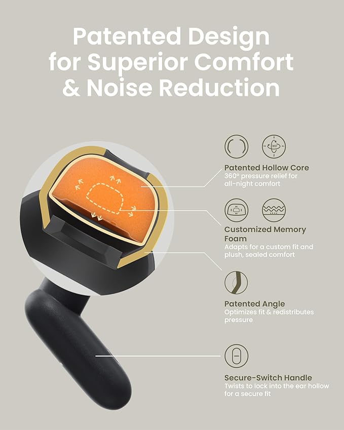 Ear Plugs for Sleeping All-Night Wear without Ear Pain Side Sleeper Patent Qufits Eartips Ultra-Comfy Reusable Earplugs for Sleep, Focus, Study, Travel, 23dB Noise Reduction - Beige