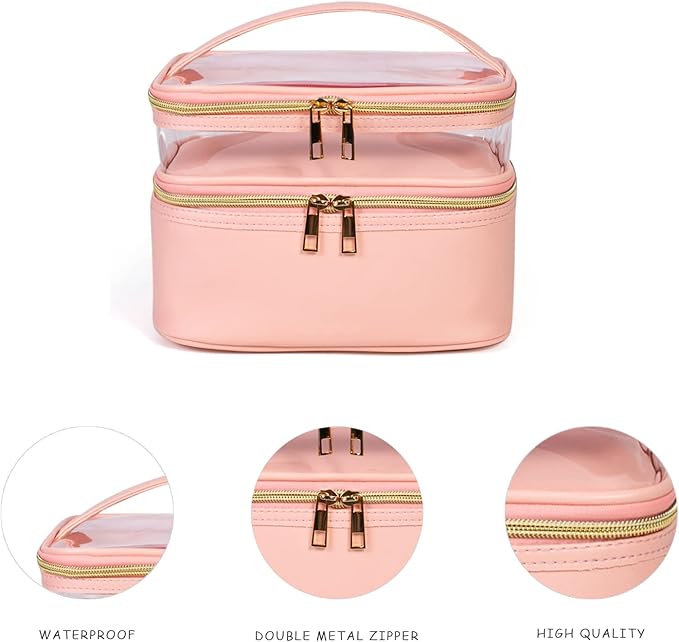 Pink Makeup Bag, Leather Double Layer Makeup Bag,Travel Accessories Toiletry Bag for Women,Travel Essentials Cosmetic Bag