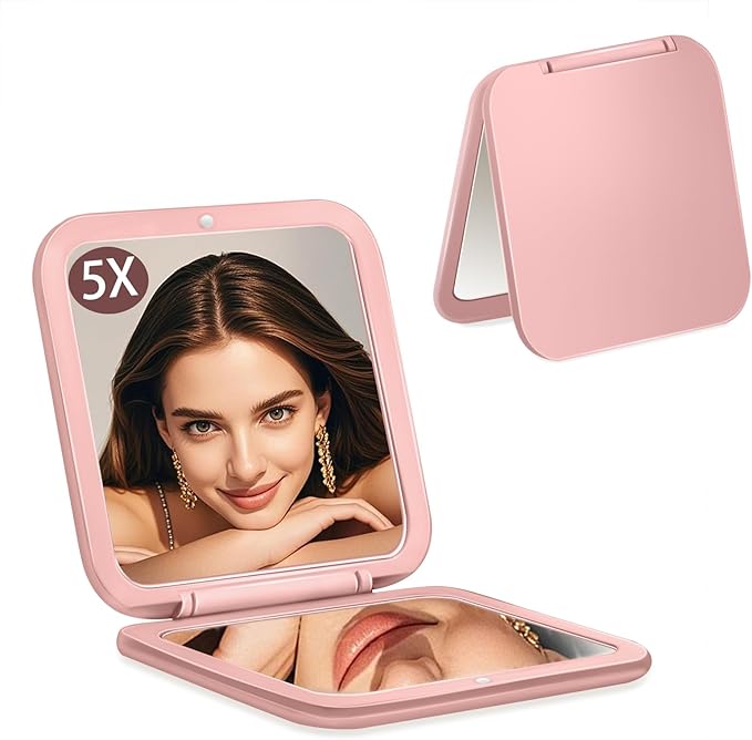CYHTSHFZ Small Compact Mirror for Purse,5X/1X Travel Magnifying Mirror for Women, Makeup Mirror for Girls, Portable Ultra Slim Pocket Mirror（Pink）