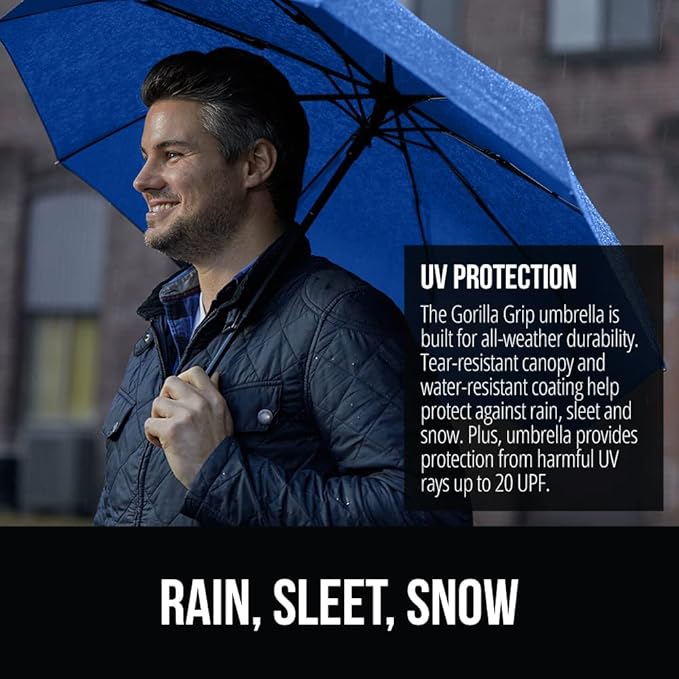 GORILLA GRIP Strong Windproof Stick Compact Umbrella for Rain, One-Click Automatic Open and Close, Durable Quick Dry Waterproof Material, Lightweight and Portable, Travel Size Fits Backpack, Navy