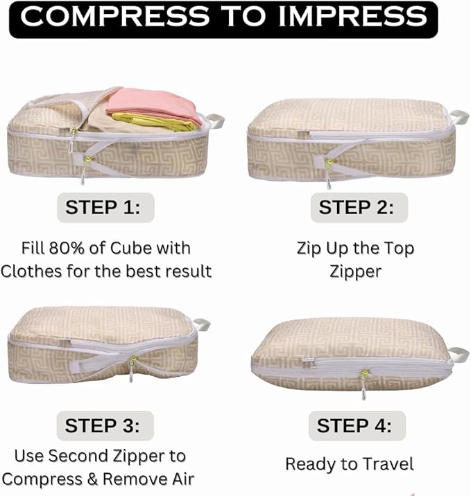 Boho Packing Cubes Luggage Organizer Bags for Suitcase & Backpack, Compression Packing Cubes for Travel, Lightweight Luggage Organizers, Travel Cubes for Packing, Vacation Essentials, 3pc Set - Beige