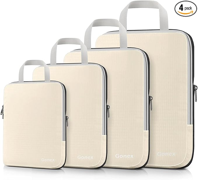 Gonex Compression Packing Cubes, 4pcs Expandable Storage Travel Luggage Bags Organizers (Cream)