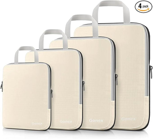 Gonex Compression Packing Cubes, 4pcs Expandable Storage Travel Luggage Bags Organizers (Cream)