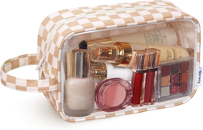 Narwey Clear Toiletry Bags for Traveling Women Men, Clear Travel Bags for Toiletries Makeup Bag Cosmetic Bag with Zipper, Make Up Organizer, Skincare Bag (Light Brown Checkerboard)
