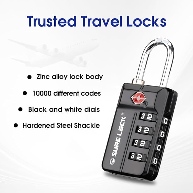 SURE LOCK TSA Approved 4-Digit Resettable Combination Luggage Lock with Open Alert, Easy-Read Dials - for Luggage, School Lockers, Gym, Office, Toolbox & Security Cases (Black 1 Pack)