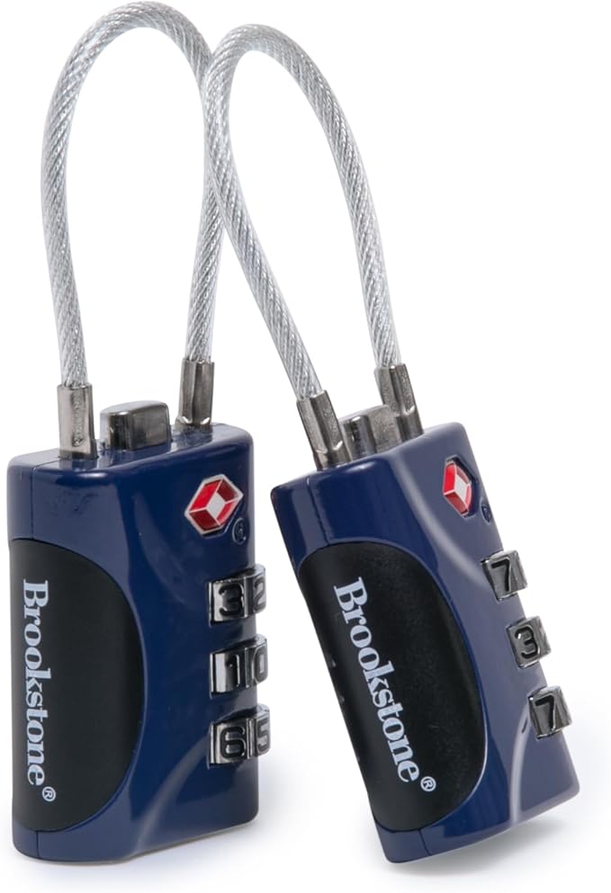 Brookstone Cable Lock - 2 Pack TSA-Approved 3-Digit Keyless Luggage Travel Lock - Resettable Combination Wire Padlock, Blue