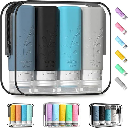 unigo Travel Bottles Set for Toiletries - Leakproof Refillable Travel Size Containers, TSA Approved Bottles with Labels, Brush & Covers for Carry-On Travel