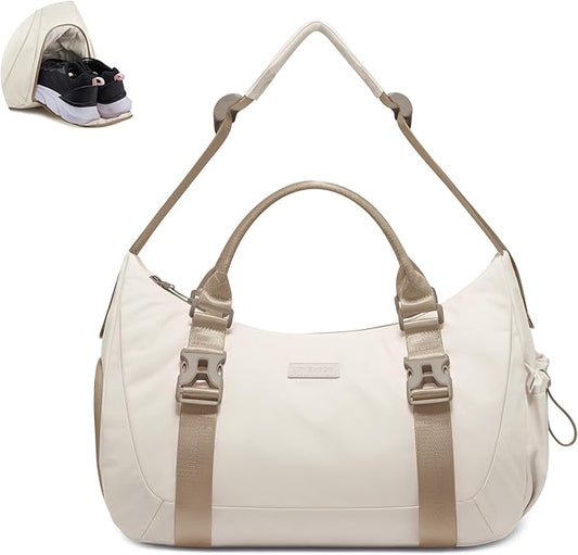 LOVEVOOK Gym Bag for Women Men, duffle bag for travel with shoe compartment, Small Gym Tote Dry Wet Separation, Multipurpose Weekender Overnight Bag, Lightweight Carry On Bag, Khaki Beige