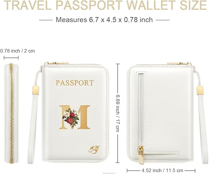 Passport Holder for Travel Personalized Passport Holder Initial Letter Rose Flower RFID Blocking Travel Wallets Credit Cards Holder for Women Men, White M