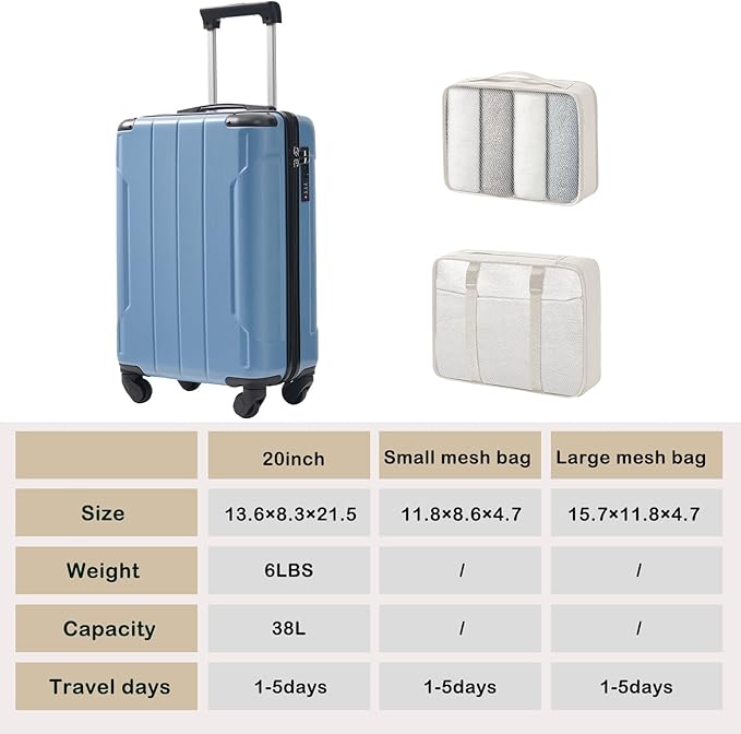Merax Carry on Luggage Set, 20 Inch Hardshell ABS Suitcase with Spinner Wheels, Built-in TSA Lock & 2 Packing Cubes Airline Approved for Business Weekend Travel