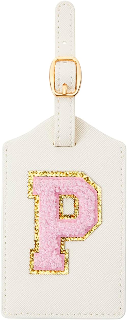 CHOIEO Initial Luggage Tag, PU Leather, Embroidered, Letter, Monogrammed, Luggage Tag for Baggage Bag Suitcase (P, White Leather+Pink Letter)