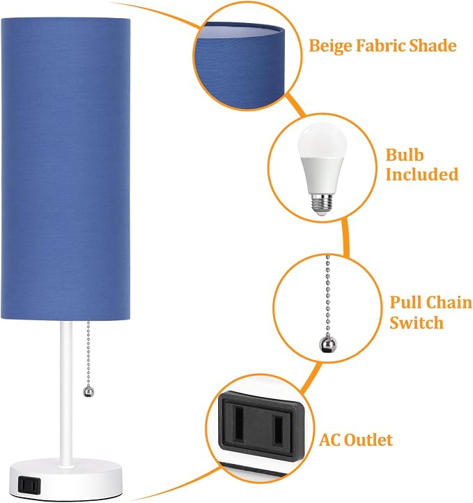 Dott Arts 18" Table Lamp for Bedroom, 3-Color Bedside Lamps with Pull Chain | Bedroom Table Lamps for Nightstand,AC Outlet Small Lamp for Living Room, Bulb Included Blue