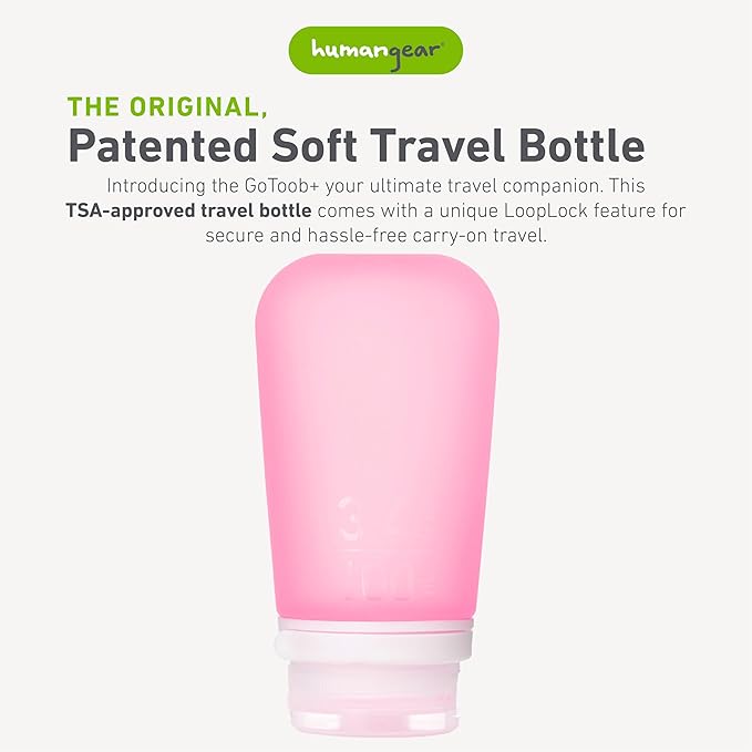 humangear GoToob+ (Large) | Refillable Silicone Travel Bottle | Locking Lid | Food-Safe Material | Pink, Large (3.4 fl.oz.; 100ml)