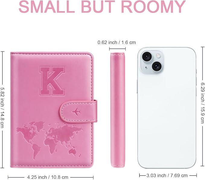Passport Holder Cover Initail Letter A-Z Travel Wallet Embossed Design RFID Blocking Card Holder Personalized Gift Passport Cover Wallet, Passport Book Holders for Women and Girls, Pink-K