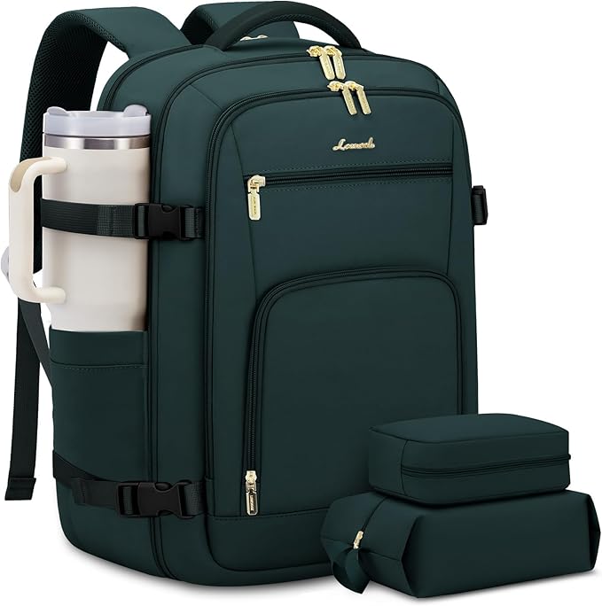 LOVEVOOK Carry On Travel Backpack For Women Men Flight Approved, 40L Personal Item Backpack for Airplanes, Business Weekender Overnight Daypack Fits 17 Inch Laptop, With 2 Packing Cubes, Dark Green