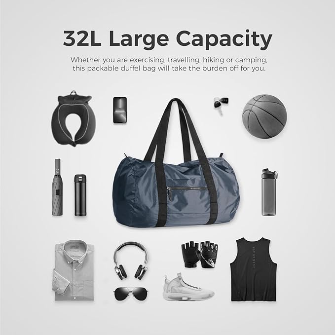 pack all Lightweight Travel Duffel Bag, Water-Resistant Sports Gym Bag, 32L Foldable Weekender Bag for Fitness, Hiking and Camping (Navy Blue)