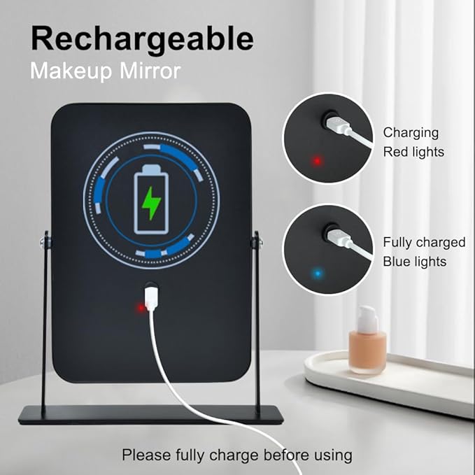 YEKKOPT Portable Desk Vanity Mirror with Lights,Black Rechargeable Small Makeup Mirror with Lights,Mini Dorm Mirror,Touch Screen with 3-Color Lighting,Dimmable,for Tabletop,Bedroom,Bathroom