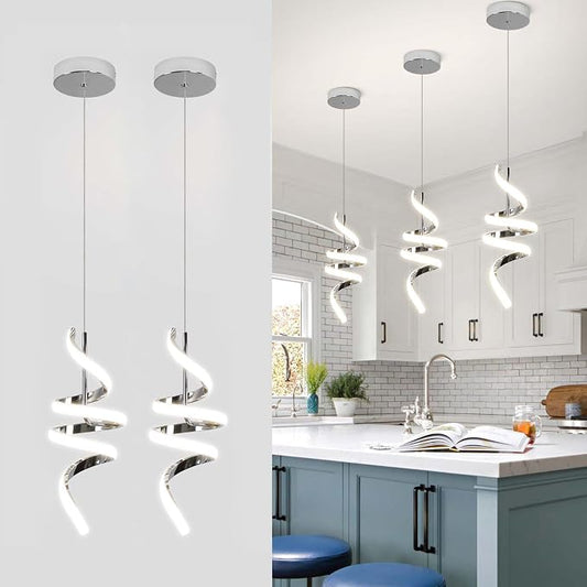 4000K Modern Pendant Light, 15IN Spiral LED Pendant Lights Adjustable Height Black Kitchen Island Fixtures Chandeliers for Dining Room Hanging Lights, 1 Pack (Chrome,4000K, Hardwired,2PACKS)