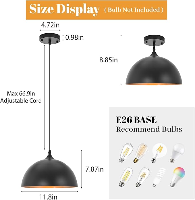 Industrial Pendant Light Fixtures,11.8" Black Dome Pendant Lights,Adjustable Vintage Hanging Lamp for Kitchen Island Restaurant Bar Cafe Dining Room Sink,3 Pack