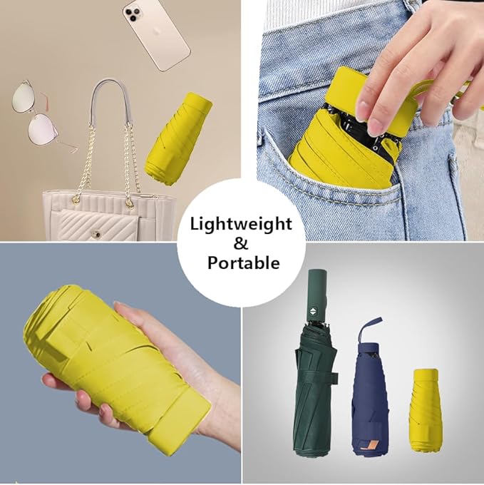 ESUFEIR Mini Sun Umbrella for Purse With Case, Small Compact UV Umbrella Travel Essentials, Lightweight Portable Parasol Windproof for Women Men Kids (Yellow)