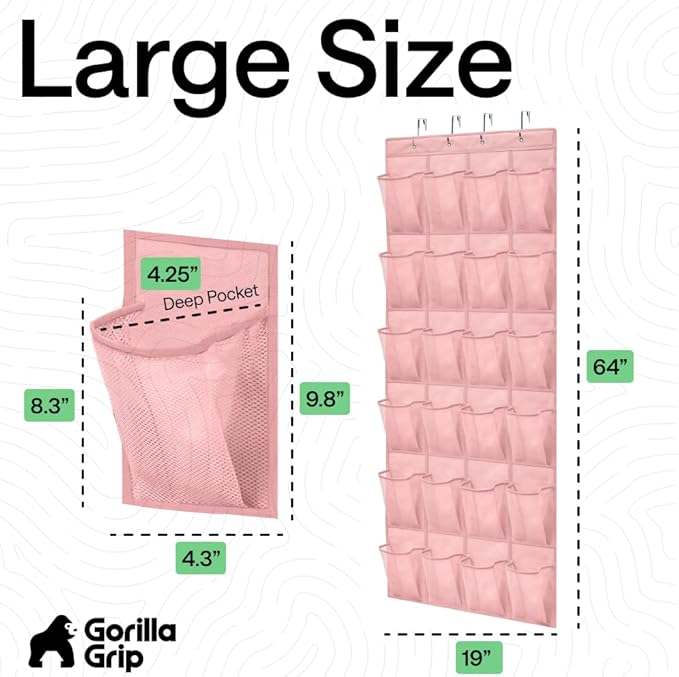 GORILLA GRIP Over the Door Shoe Organizer, 24 Large Breathable Mesh Pockets, Space Saving Hanging Storage Holder, Closet Rack Hanger Holds Up to 40 lbs, Hangs on Closets for Shoes, Accessories, Pink