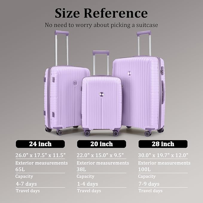 Joyway Suitcase Set 3 Piece Luggage Sets with TSA Lock, PP Hardside Carry on Luggage Set, Travel Lightweight Suitcases with Wheels, Light Purple