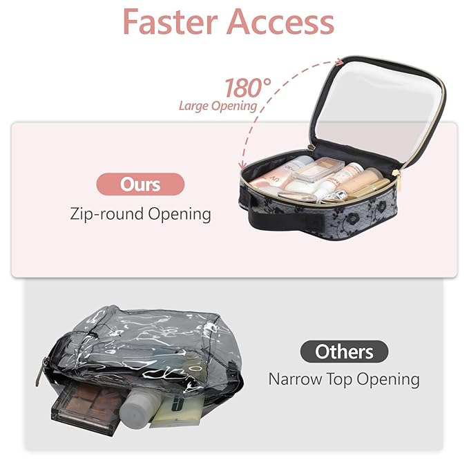 PACKISM Stylish TSA Approved Toiletry Bag Set, Floral Lace, Clear Makeup Bag with Handle, 1 TSA Medium & 1 Large for Travel, Gift for Women, Black