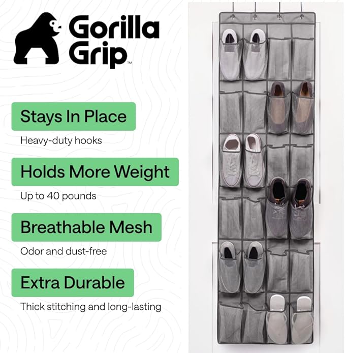 GORILLA GRIP Over the Door Shoe Organizer, 24 Large Breathable Mesh Pockets, Space Saving Hanging Storage Holder, Closet Rack Hanger Holds Up to 40 lbs, Hangs on Closets for Shoes, Accessories, Grey