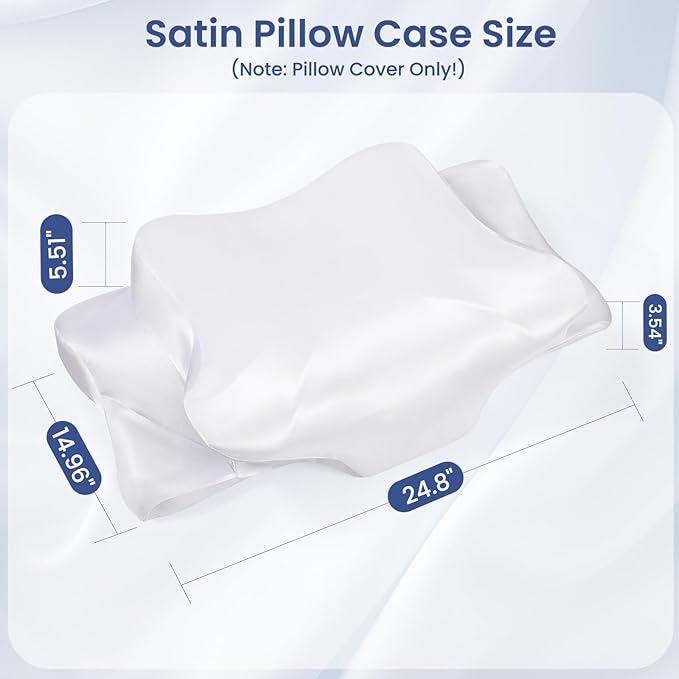 Satin Pillowcase for Cervical Pillows, (Cover Only) Fit for Orthopedic Neck Support Pillow, Silky Smooth Pillowcase Cover with Zipper Closure (White)