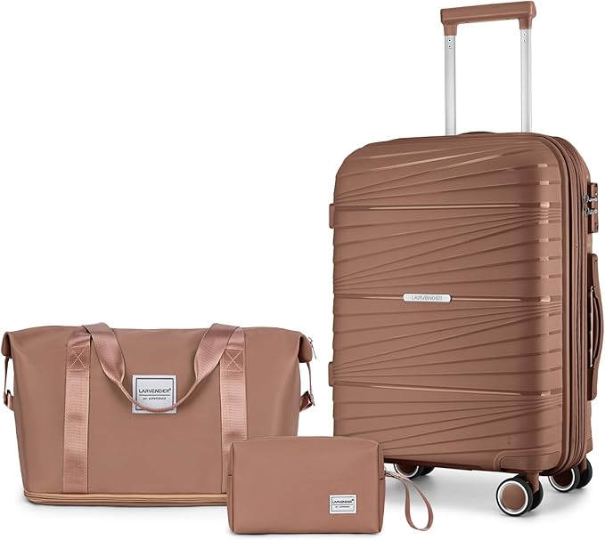 LARVENDER Carry On Luggage 22x14x9 Airline Approved, 20 Inch Hardshell & Lightweight PP Carry On Suitcase for Women with Spinner Wheels TSA Lock, Mocha