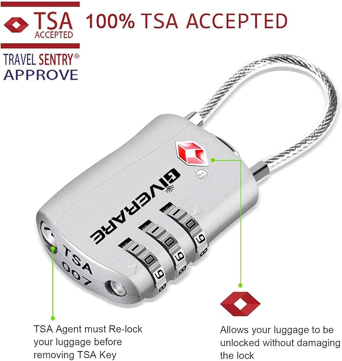 GIVERARE 2 Pack TSA Approved Luggage Locks, Combination Travel Cable Lock, Re-settable 3-Digit Padlocks with Alloy Body, Keyless TSA Padlock for Gym Locker, Golf Bag Case-Silver