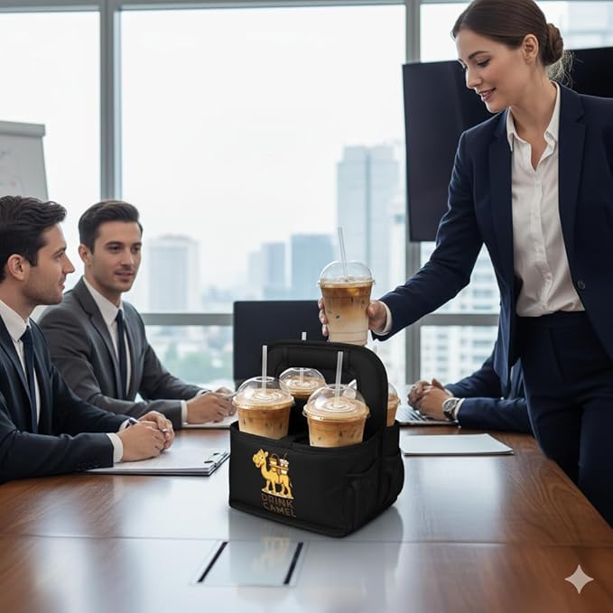 Reusable Drink Carrier with Handle – Durable No-Spill Insulated & Collapsible Beverage Bag with Pockets, Portable Caddy for On-the-Go Delivery, Travel & Car Use (4 Cup Carrier, Black)