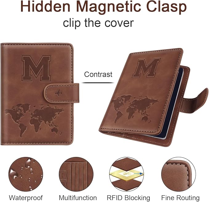 Passport Holder Wallet Cover Personalized Letter A-Z Travel Wallet RFID Blocking Passport Cover Wallet Case for Travel Passport Book Holders for Women and Men, Brown-M