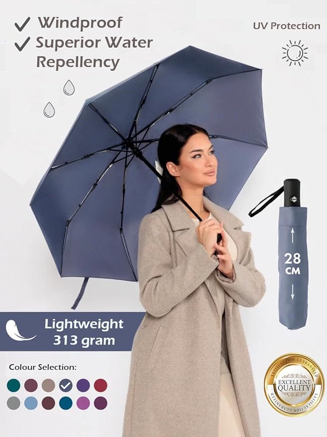 Windproof Travel Umbrella - Compact, Light, Full Automatic Open/Close - Folding Backpack Umbrella for Rain & Sun UV Preotection For Men & Women, Unbreakable 8 Fiberglass Ribs UK Design