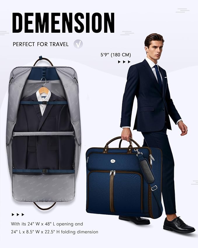 MATEIN Suit Bag Travel, Large Travel Garment Bag Up to 7 Suits with Strap, Business Foldable Garment Carrier Fit 17.3 inch laptop, 2 in 1 Carry On Hanging Luggage Suitcase with Shoe Compartment, Blue
