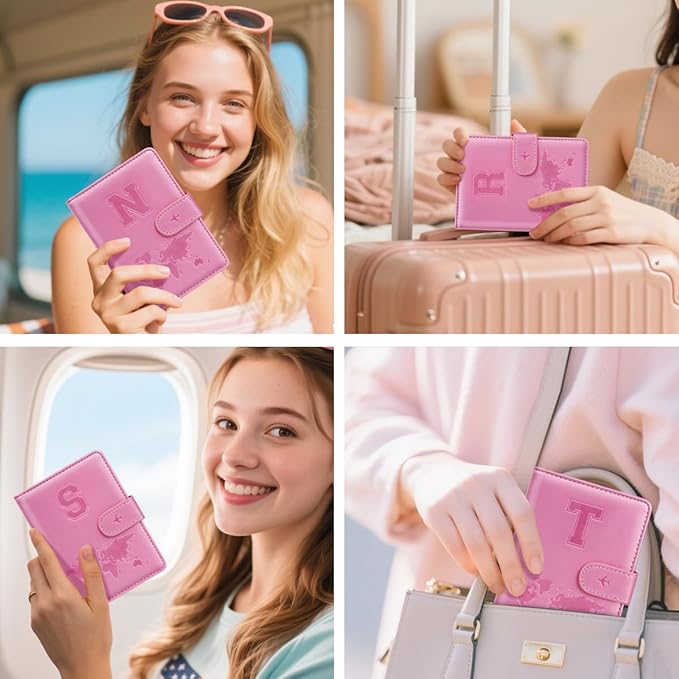 Passport Holder Cover Initail Letter A-Z Travel Wallet Embossed Design RFID Blocking Card Holder Personalized Gift Passport Cover Wallet, Passport Book Holders for Women and Girls, Pink-N