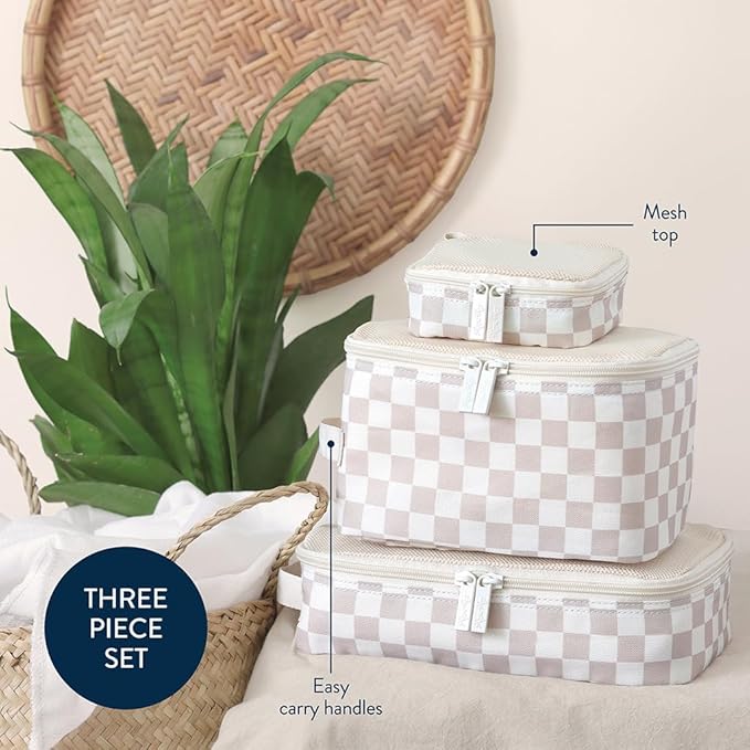 Itzy Ritzy Packing Cubes for Travel – Set of 3 Packing Cubes or Travel Organizers – Each Cube Features a Mesh Top, Double Zippers and a Fabric Handle (Checkerboard)