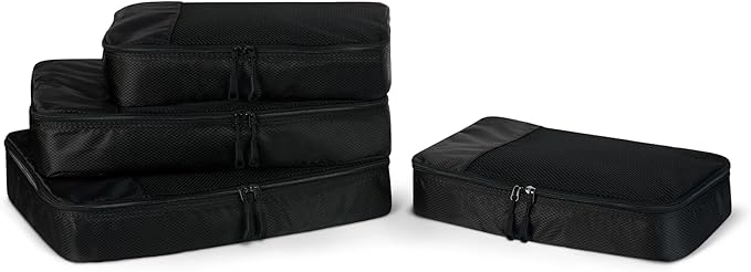 Amazon Essentials 4-Piece Packing Cubes Travel Accessories Set, Luggage Organizer with Double Zipper, Mesh Top, Space-Saving Design, Webbing Handle, 2 Medium/2 Large, Black (Previously Amazon Basics)