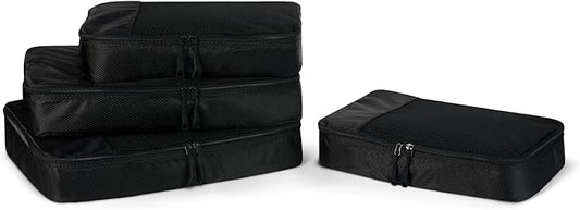 Amazon Essentials 4-Piece Packing Cubes Travel Accessories Set, Luggage Organizer with Double Zipper, Mesh Top, Space-Saving Design, Webbing Handle, 2 Medium/2 Large, Black (Previously Amazon Basics)